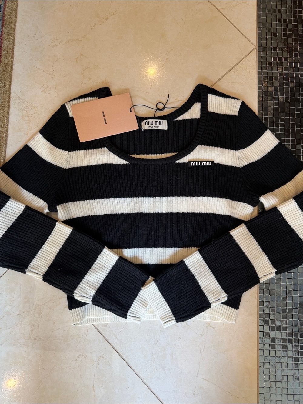 Miu Miu Black and Cream Striped Rib-Knit Crop Top